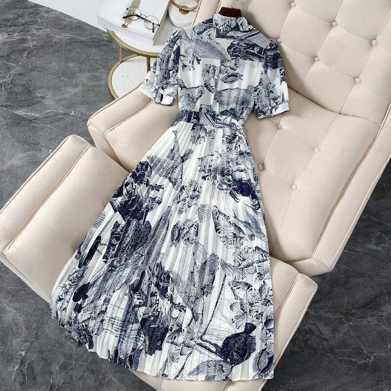 Long Dress Women's Spring Summer Blue White Porcelain Dress Printing Slim Dress Short Sleeves Dress KilyClothing