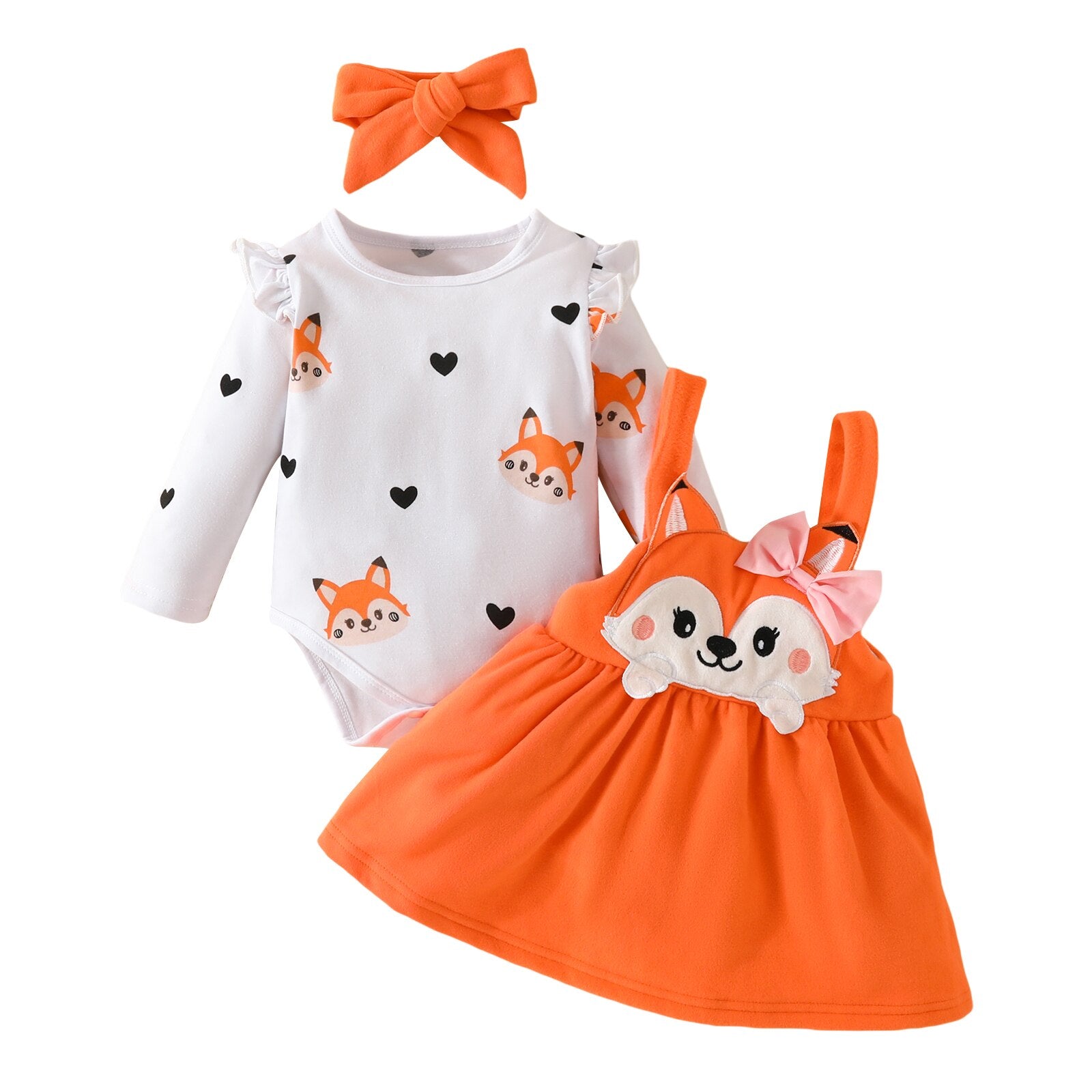 Cute Squirrel Print Long Sleeves Romper and Suspender Skirt Headband Fall Outfits KilyClothing