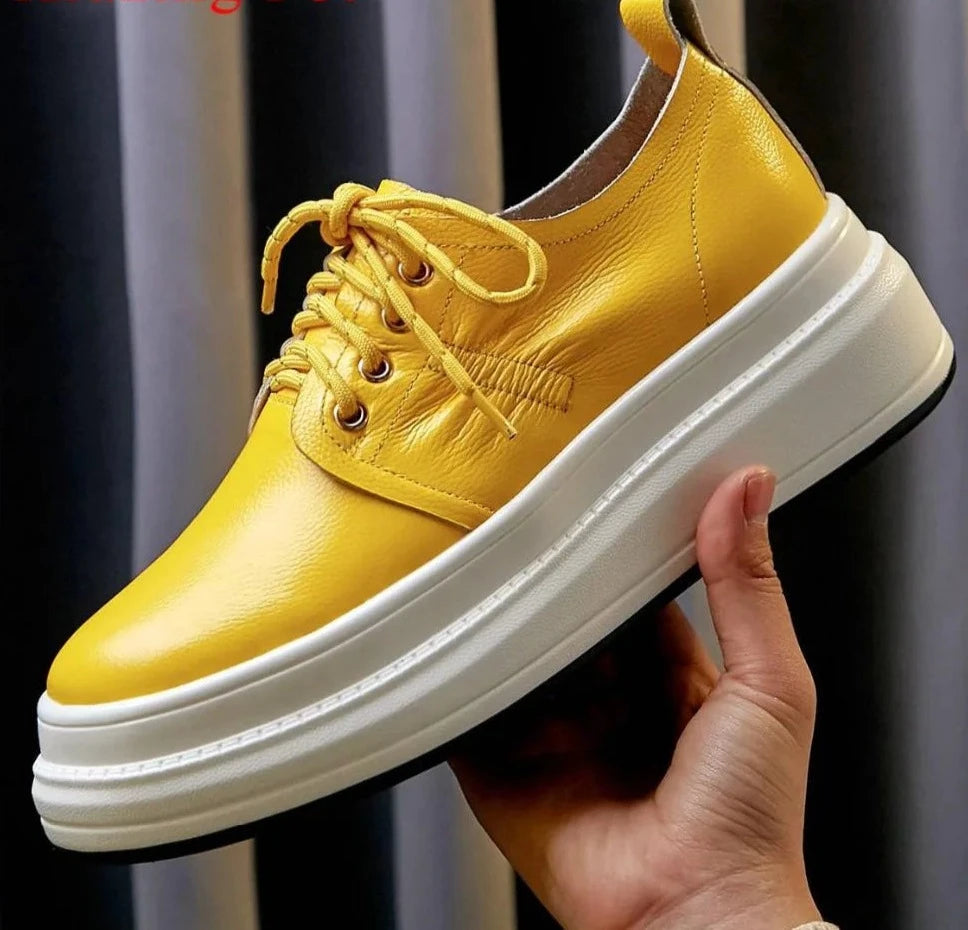 Soft Natural Leather Round Toe High Bottom Lace Up Sneakers Solid Concise Style Leisure Women Vulcanized Shoes KilyClothing