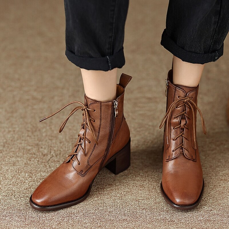 Genuine Leather Boots Square Toe Chunky Boots for Women Casual Winter ladies KilyClothing