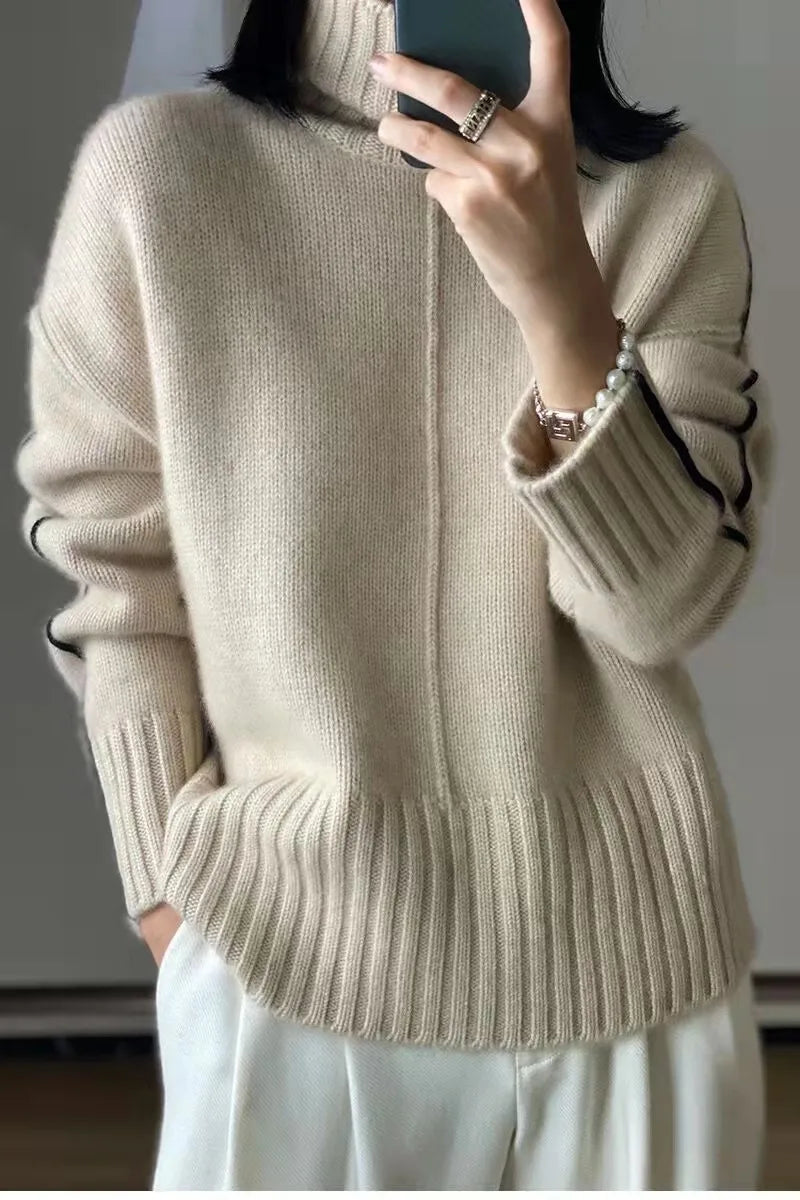 Women's Pure Cashmere Turtleneck Sweater, Loose Pullover, Thick Bottoming, Color Matching, Autumn and Wint