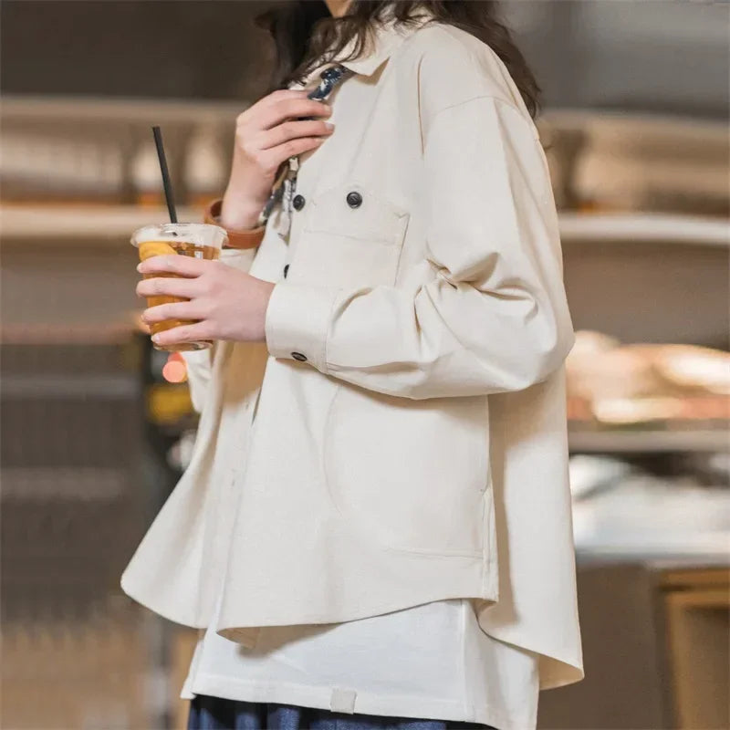 Women's Casual Pocket Shirt Jackets Vintage Long Sleeve Oversized Blouse Solid Color Loose Outwear Tops