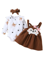 Cute Squirrel Print Long Sleeves Romper and Suspender Skirt Headband Fall Outfits KilyClothing