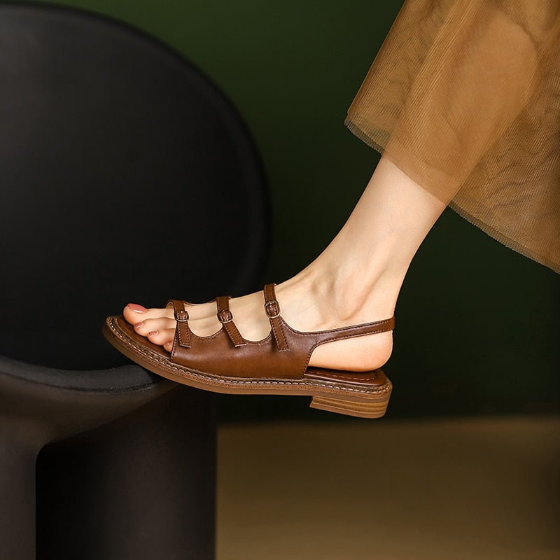 Open Toe Sandals Genuine Leather Casual Gladiator Retro Low Heel KilyClothing