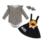 Cute Squirrel Print Long Sleeves Romper and Suspender Skirt Headband Fall Outfits KilyClothing