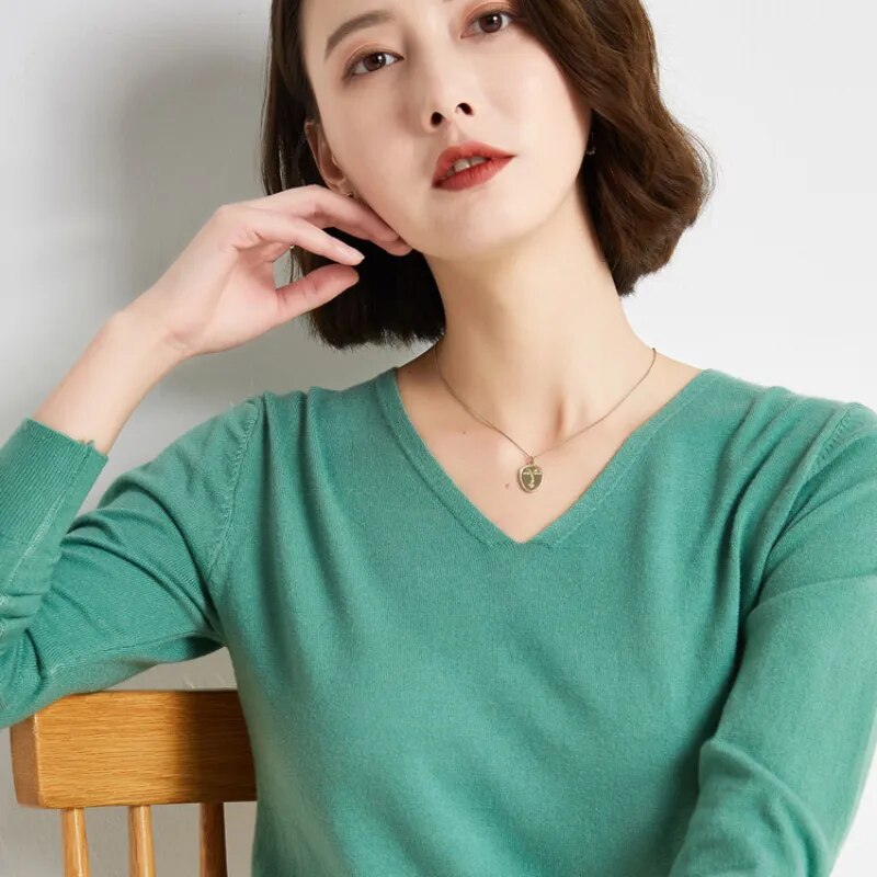 Sweater V-neck Long Sleeve Pullovers Spring Autumn Bottoming Shirt Warm Knitwear Basic Knit Tops KilyClothing