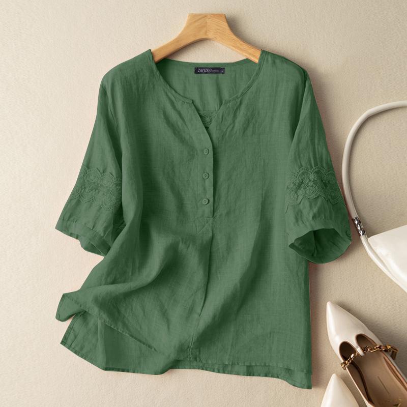 V-Neck Half Sleeve Cotton Shirt Fashion Casual Retro Tops KilyClothing