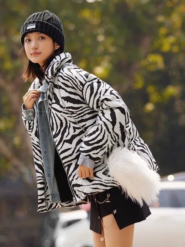 Down Jacket Women Zebra Print Contrasted Color Denim Splicing Winter New Retro Loose Jacket