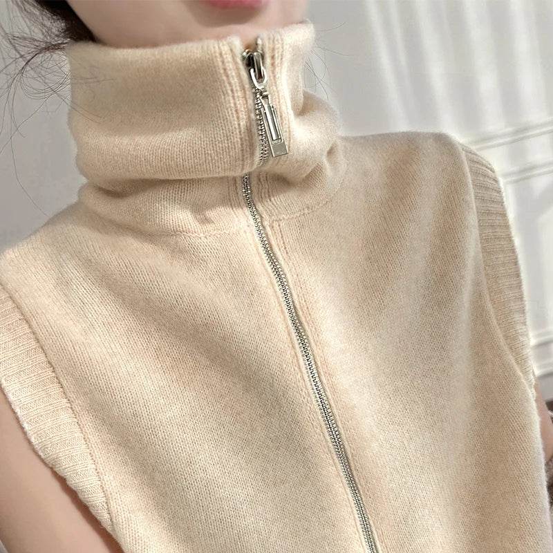 100% Pure Wool Vest Women's High Neck Knitted Pullover Top Spring New Tank Top Fashion Korean Solid Color Sleeveless Vest KilyClothing
