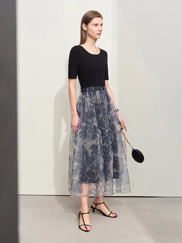 Minimalism Skirts for Women French Modern Retro Oil Painting Rose Print Mesh Female A-line Skirt