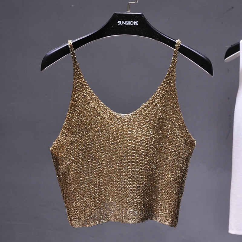 Sparkling Sequins Half Waist Render Knitwear Sexy Waist Condole Top Cropped KilyClothing