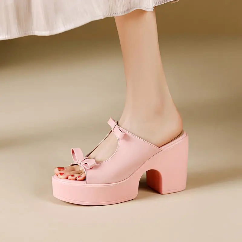 Cow Leather Super High Heels Peep Toe Summer Butterfly-knot European Platform Pink Modern  Sandals