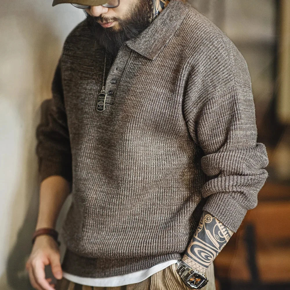 Retro Knitted Polo Shirt Loose Coffee Color Lapel Sweater Autumn Winter Men's jumper Casual Knitwear