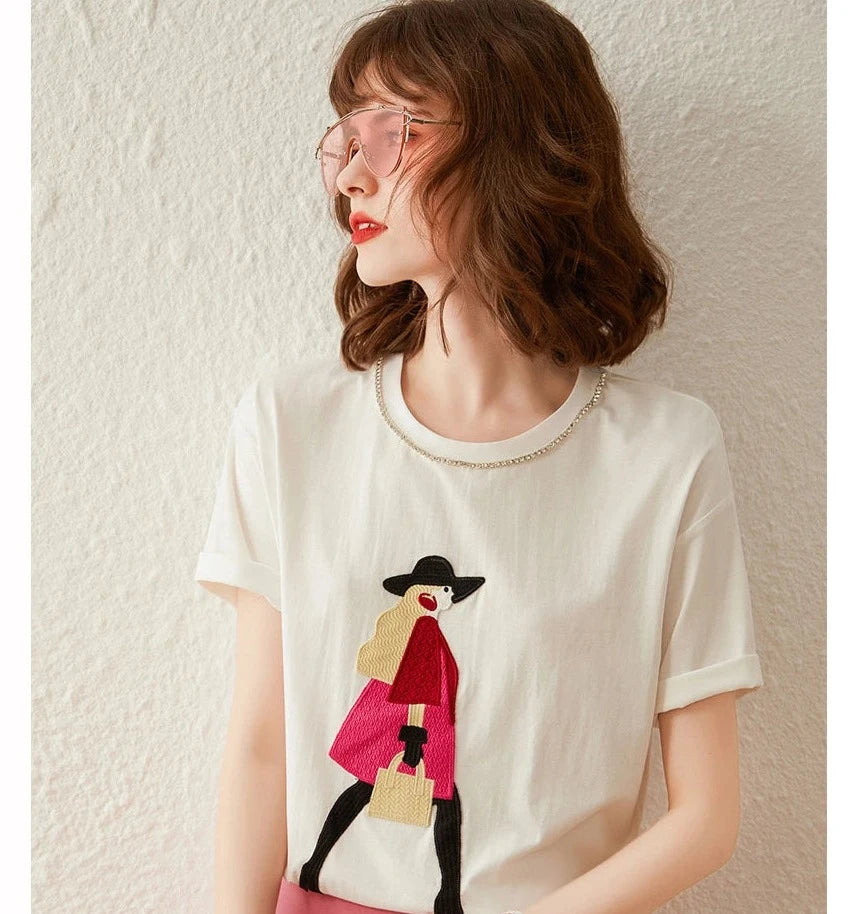Camiseta de mujer para verano, cuello redondo, manga corta, patrones creativos de moda, Top suelto