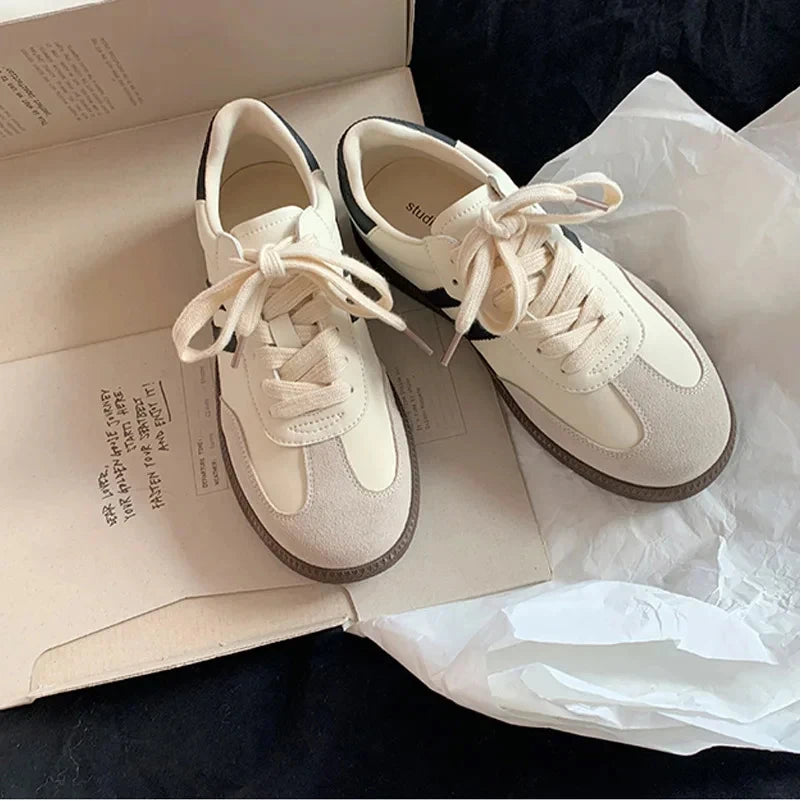 Sneakers Round Toe Flats Mixed Colors Sewing Ladies Fashion Lace-up Shoes Spring Autumn Grey White