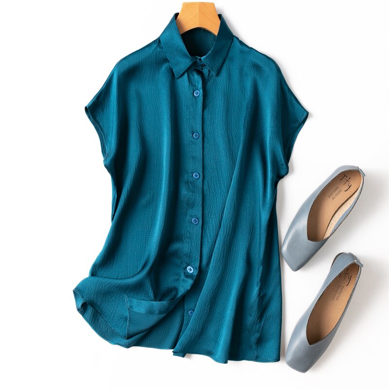 100% Mulberry Silk 20 momme Heavy Silk Peacock Blue Collared Short Sleeve Buttons Down Shirt KilyClothing