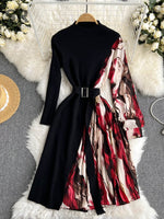 Pleated Knit Patchwork Winter Dress Print Retro Stand Neck Long Sleeve Belt KilyClothing