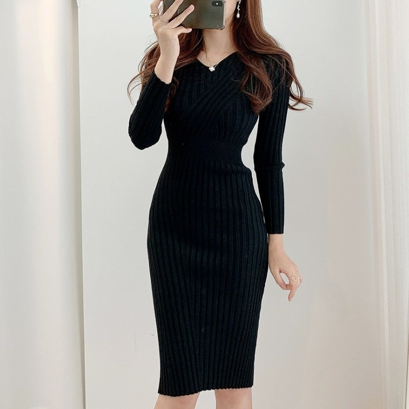 Vintage Long Sleeve Knitted Dresses Robe Retro V-neck Bodycon Dress Korean Slim Waist KilyClothing