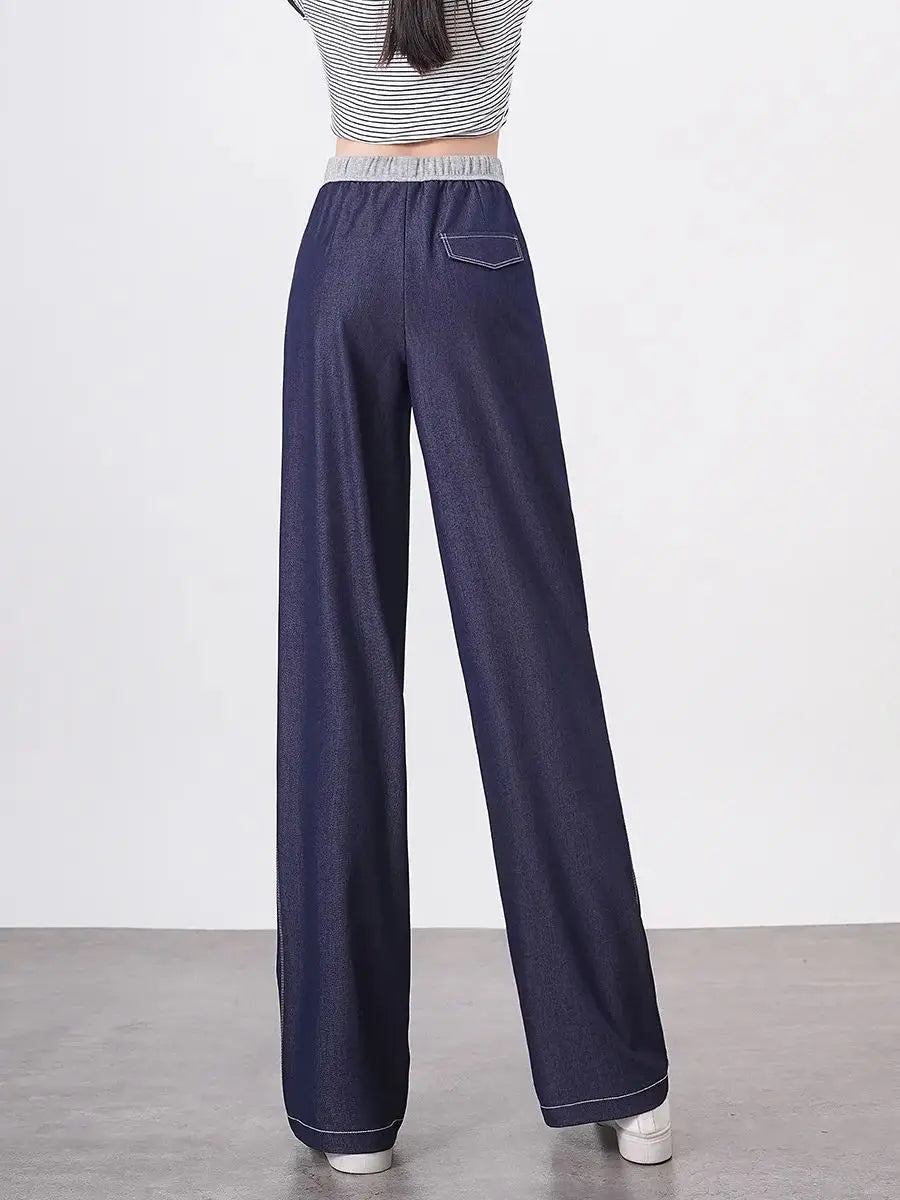 Pantalones casuales para mujer, cintura alta, color en contraste, pantalones deportivos de pierna ancha y corte holgado a la moda