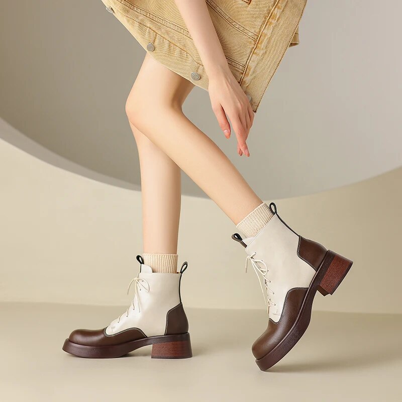 Ankle Boots Genuine Leather Block Heel Lace Up Mixed Colors Warm Footwear Winter Flat Retro Short Boots KilyClothing