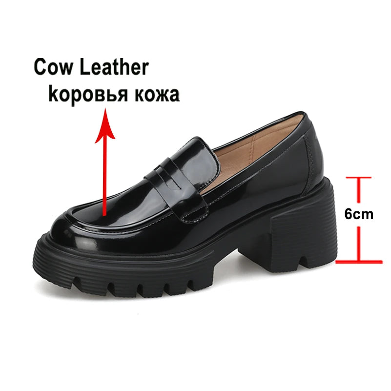 Meotina Women Genuine Leather Loafers Pumps Round Toe Thick High Heels Platform Concise Ladies Fashion Shoes Spring Autumn Black