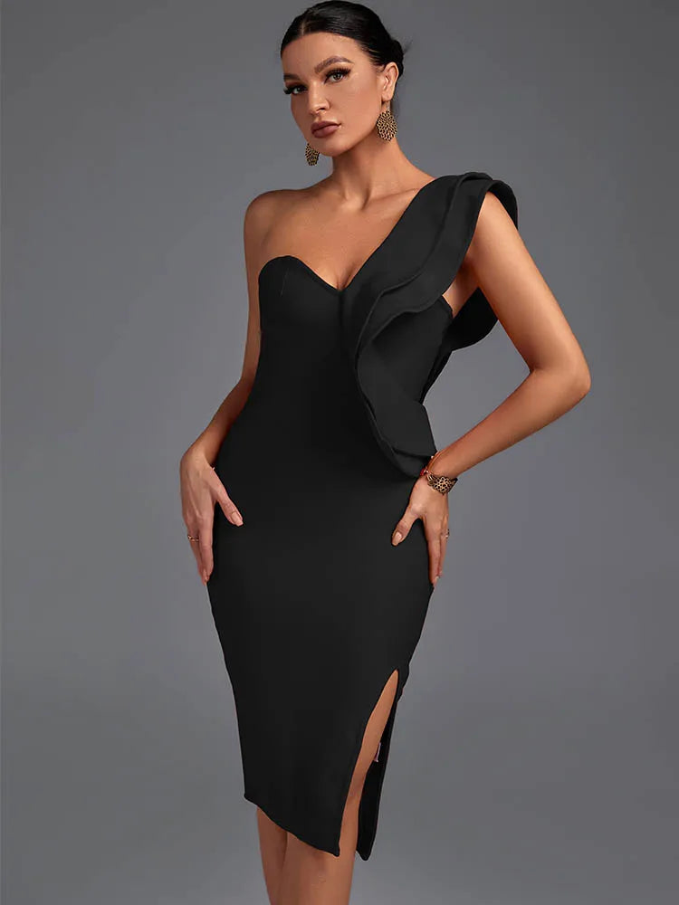 Ruffle Bandage Dress Black Bodycon Dress Evening Party Elegant Sexy One Shoulder KilyClothing