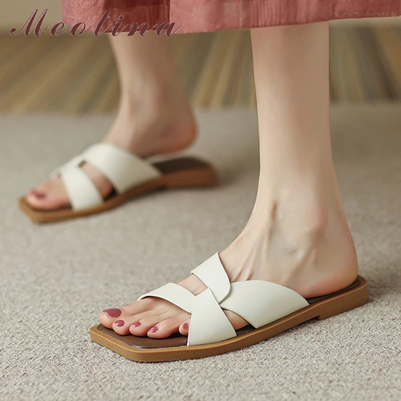 Meotina Women Sandals Genuine Leather Shoes Flat Summer Square Toe Slippers Narrow Band Fashion Ladies Footwear 2022 Beige Brown