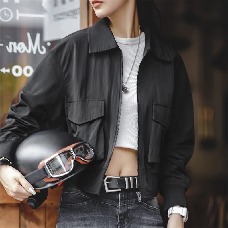 Abrigo corto informal para mujer, chaqueta de piloto de moto, top vintage negro