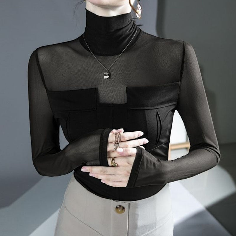 Sexy Gauze Spliced Turtleneck Top, All-match Solid Color Long Sleeve Slim T-shirt KilyClothing