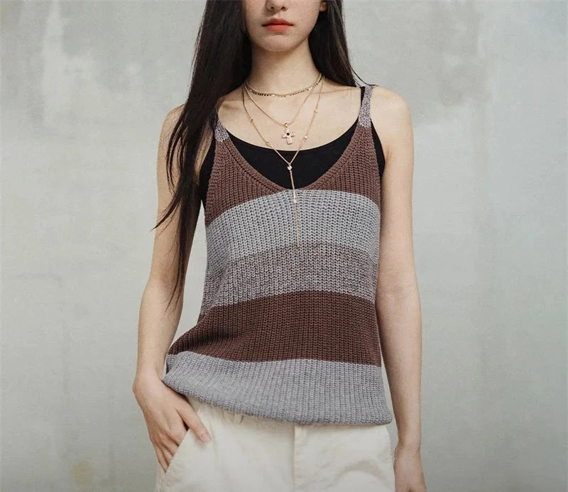 Vintage Striped Camisole Women Summer Loose Color-blocked V-Neck Vest Cotton Knit Sleeveless Medium Elasticity