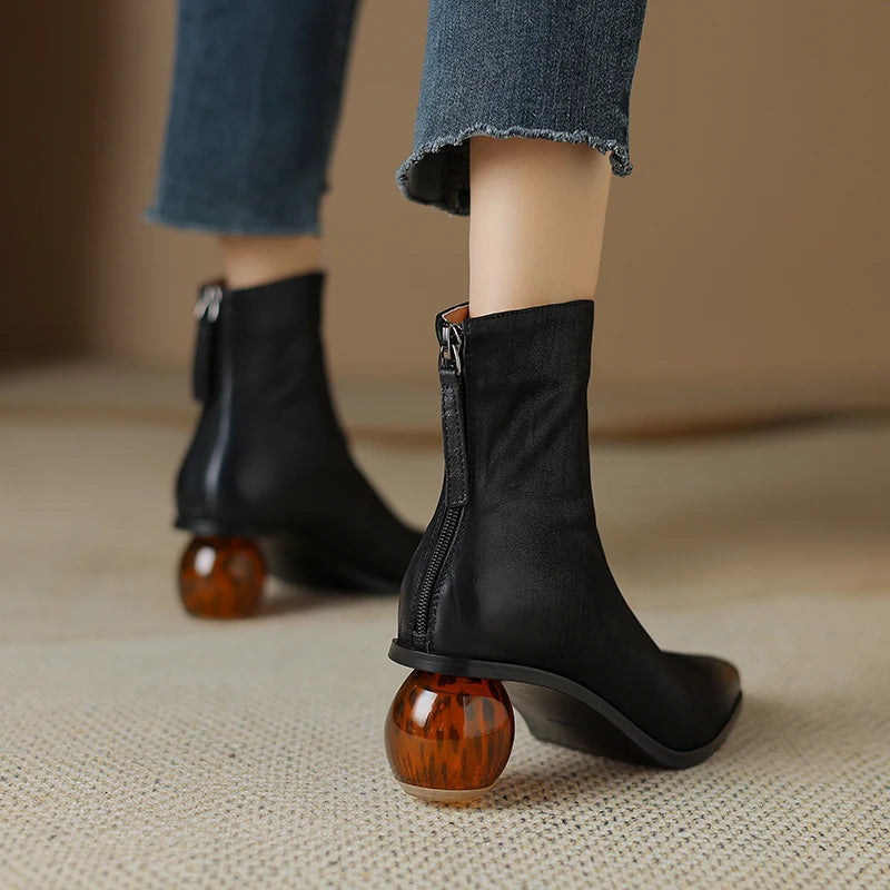 Women Ankle Boots Genuine Leather Thick Heels Square Toe Office Lady Spring Autumn Four Season Shoes Woman