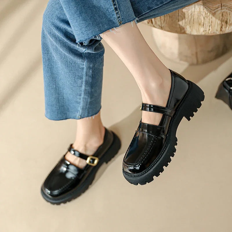 Spring Genuine Leather Women Shoes Casual Round Toe Flats Platform Buckle Strap Woman Shoes Loafers Oxford Casual Shoes KilyClothing