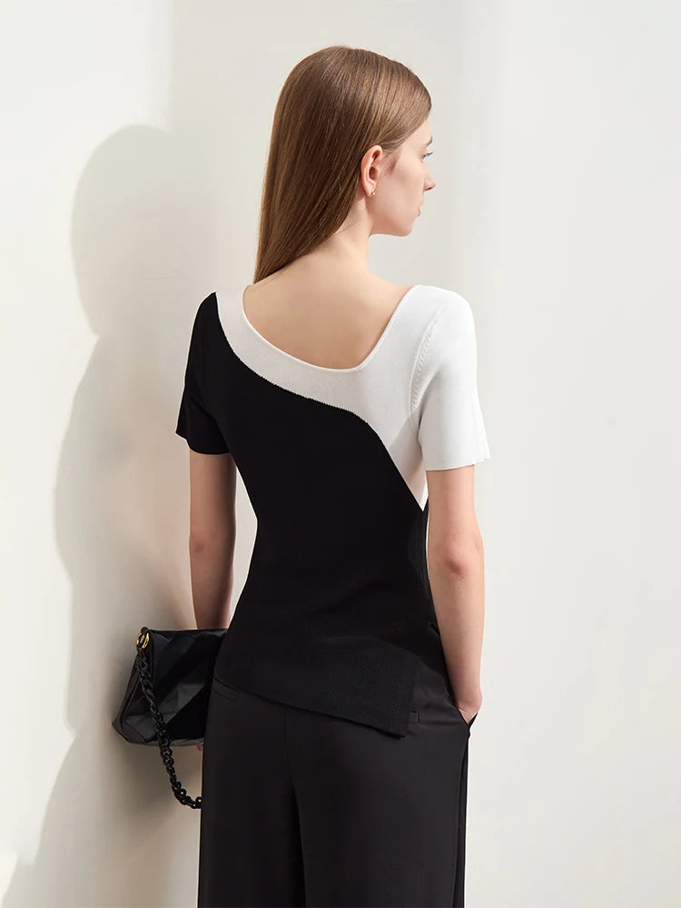 Minimalism Woolen Knit Sweater For Women, Asymmetric V-neck Patchwork Short-sleeve