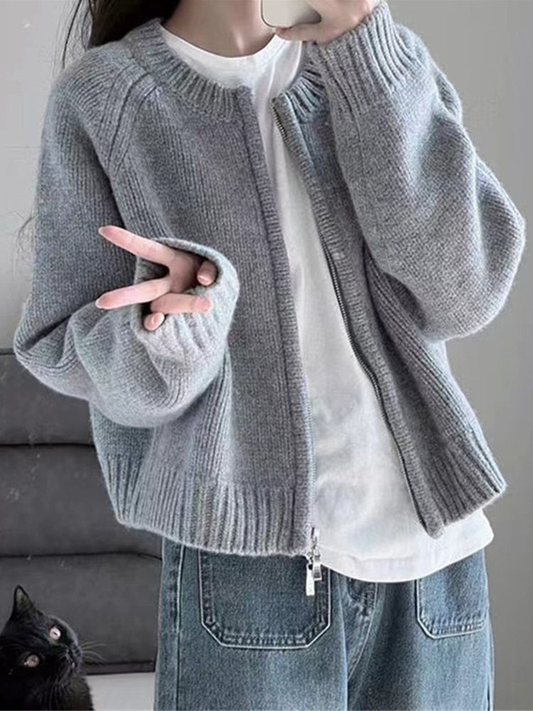 Short Sweater Outerwear, Retro Knit Cardigan Thickened Long Sleeve Loose Zipper KilyClothing