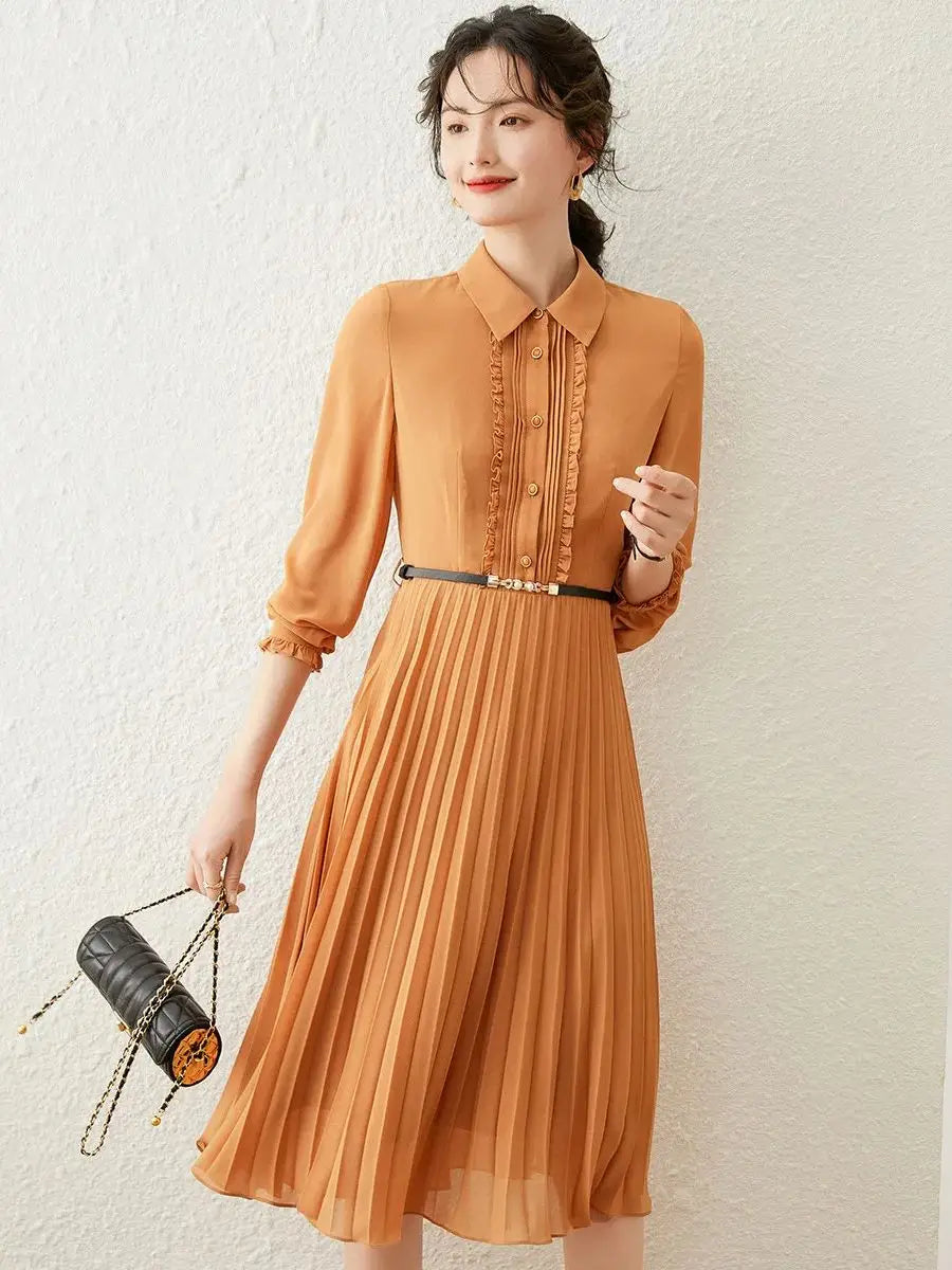 Women Long Dress Turn-down Collar Stringy Selvedge Pleated Dress Elegant Long Sleeve With Belt