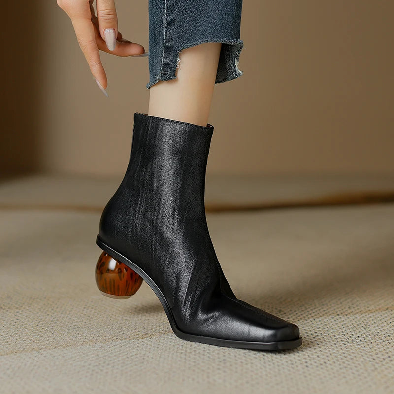 Women Ankle Boots Genuine Leather Thick Heels Square Toe Office Lady Spring Autumn Four Season Shoes Woman