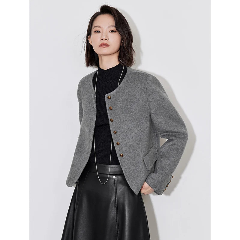 Women Woolen Coat Sheep Long Sleeve Round Neck Single Breasted Button Wool Jacket