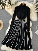 SINGREINY Turtleneck Striped Pleated Knitted Dress Long Sleeve Thick Elastic Warm Dress Women Winter Vinage Chic Sweater Dress KilyClothing