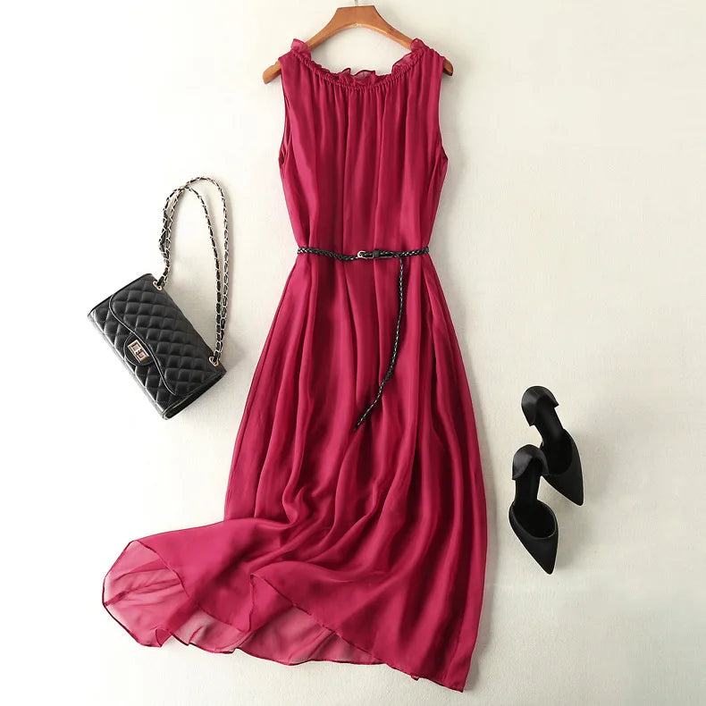 100%mulberry Silk Dress Women Korean Summer, Sleeveless Beach Dress