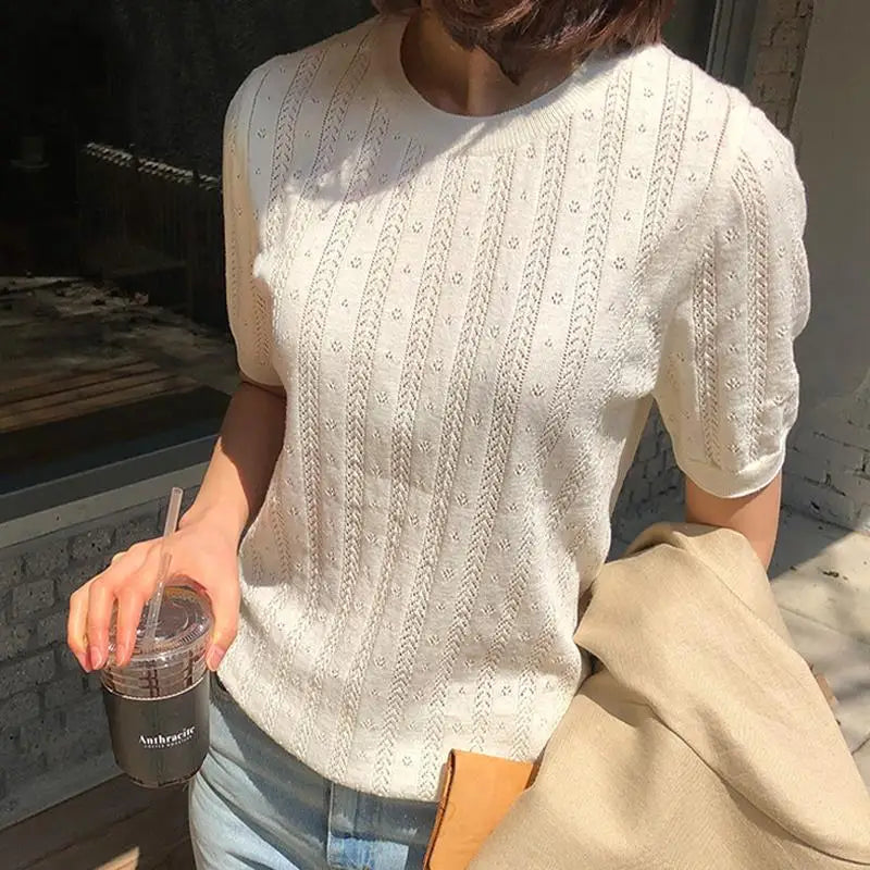 100% Cotton for Women Hollow-out Sweater or T-shirt Short-sleeve O-Neck Pullover casual knitted top KilyClothing