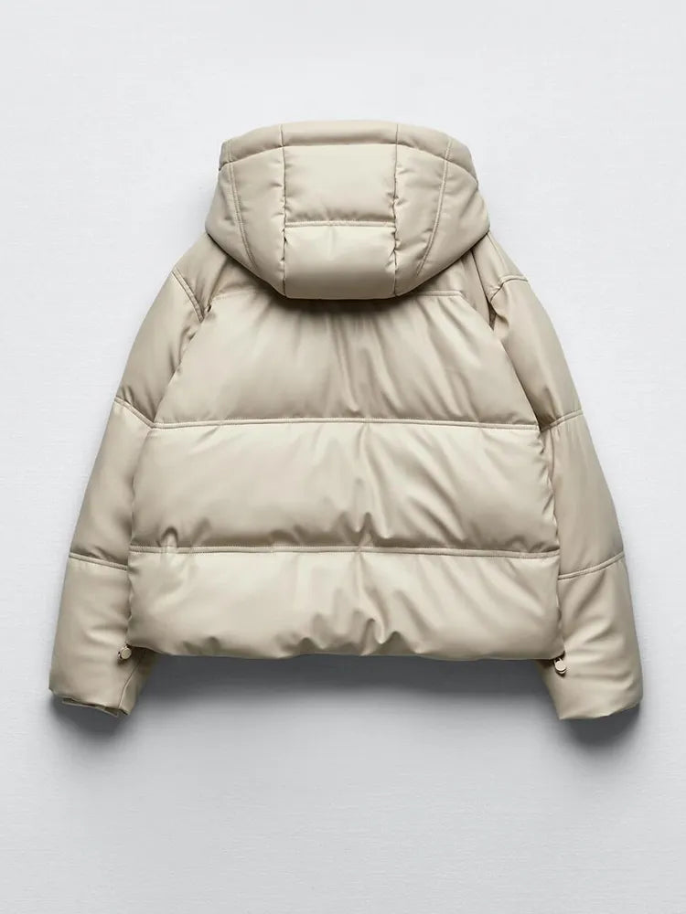 Faux Leather Puffer Jacket, Warm PU Snow Hooded Parka Female Casual Loose Coat Zipper Long Sleeve Overcoat KilyClothing