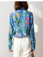 Silk Shirt 100% Mulberry Silk Crepe Silk Blue Floral Printed Buttons Down Long Sleeve KilyClothing