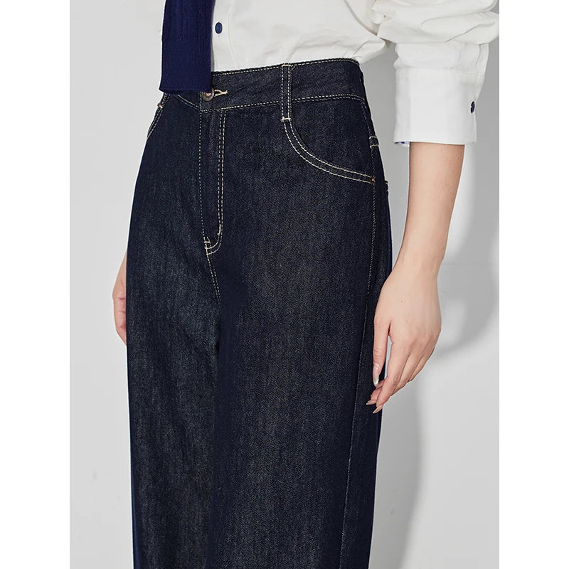 Denim Jeans High Waist Washed Straight Wide Leg Slim Fit Long Pants