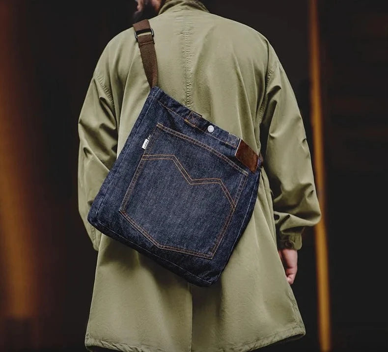 Workwear American Retro Denim One-Shoulder Crossbody Bag Denim Embroidered Large Capacity Portable Flat Tote Bag for Men