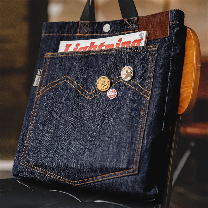 Workwear American Retro Denim One-Shoulder Crossbody Bag Denim Embroidered Large Capacity Portable Flat Tote Bag for Men