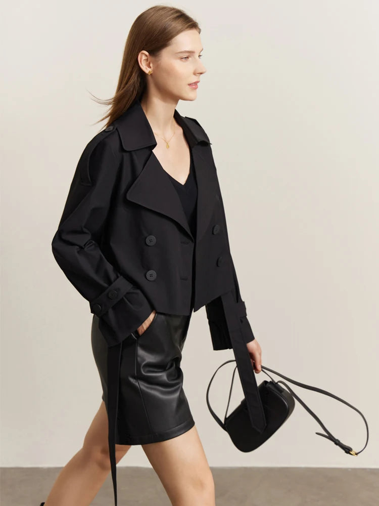 Minimalist Trench Coat for Women, Double Breasted Turn-down Collar Elegant Petite Tops