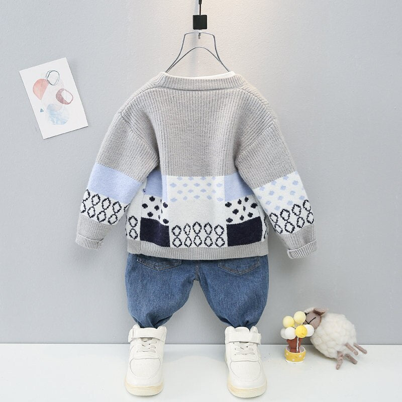 Boys Girls Kids Patchwork Coat Smile T-shirt Pants Jeans 3Pcs/Sets KilyClothing