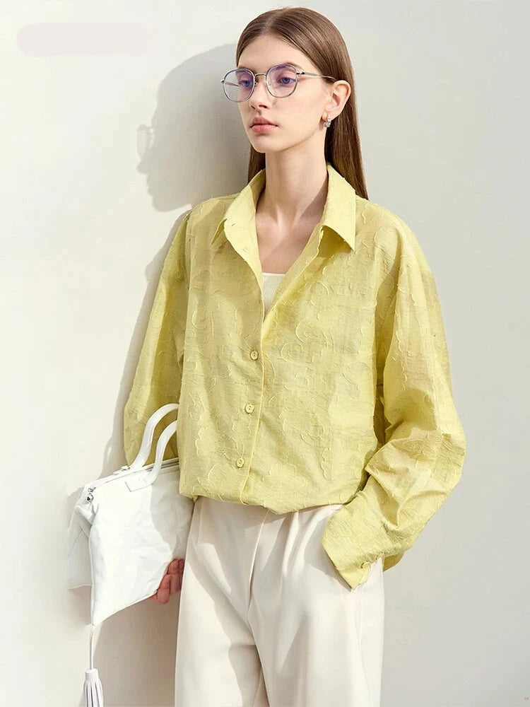 Minimalism Lapel Drop Sleeve Loose Cut Flower Women Shirts Oversize Silhouette Blouses