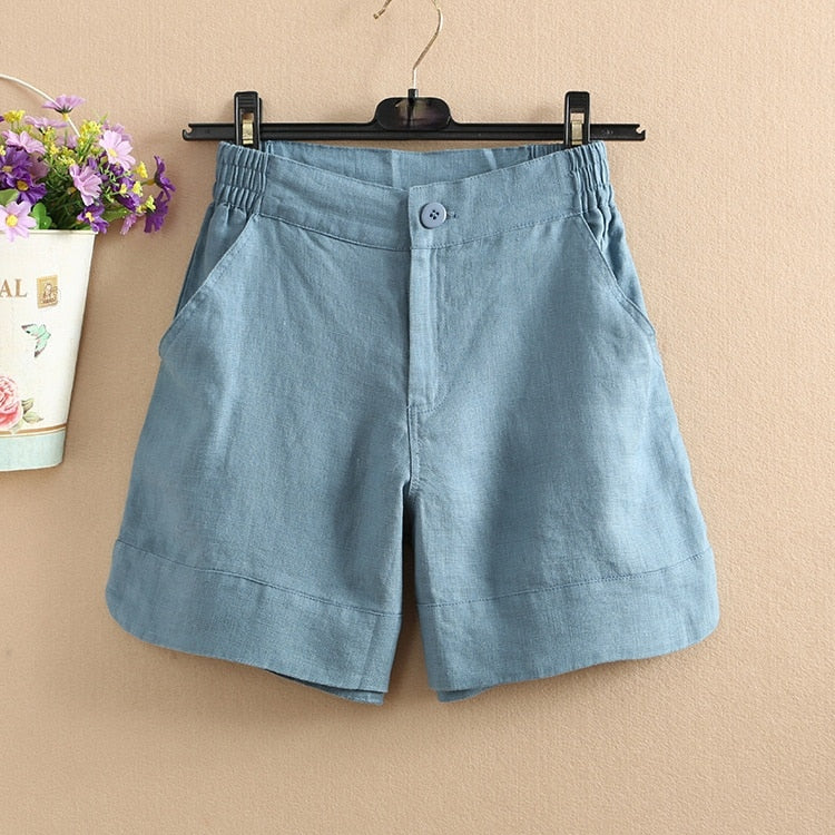 Loose Shorts Cotton Linen Solid Color Wide Leg High Waisted KilyClothing