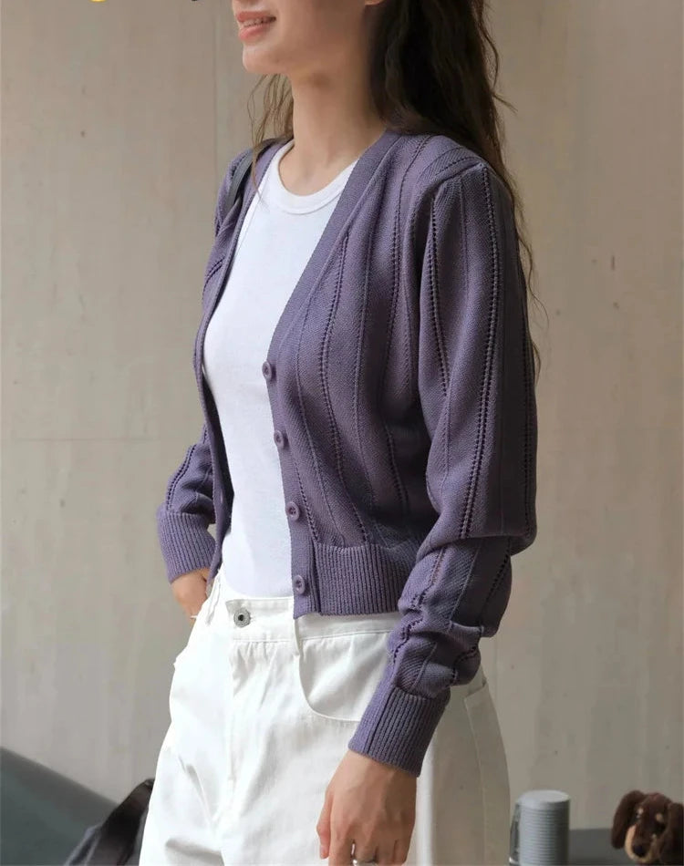 Simple V-neck Hollow Knitted Cardigan Loose Texture Casual Fashion Top